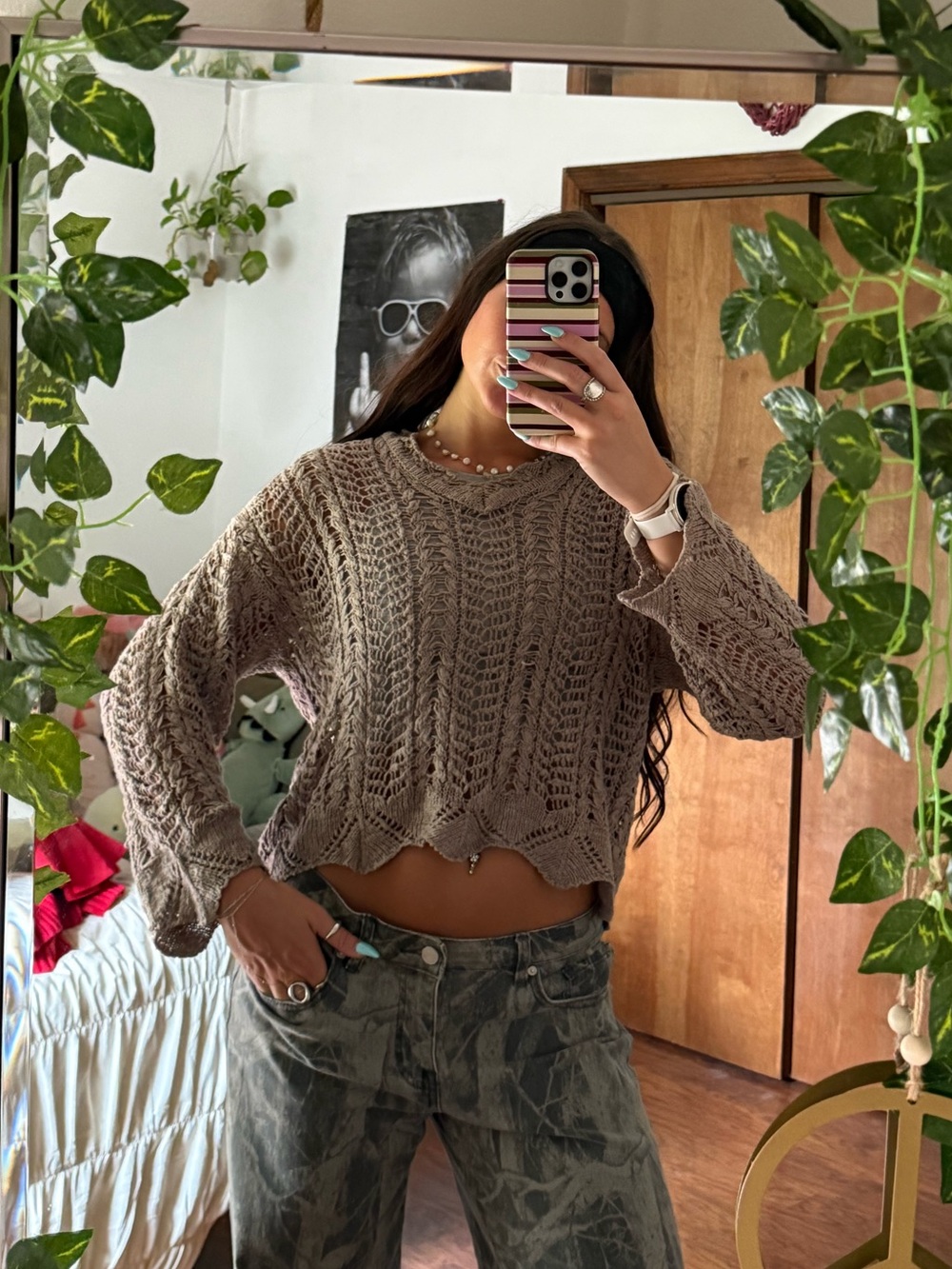 Altar'd State Taupe Cropped Cable Knit Sweater